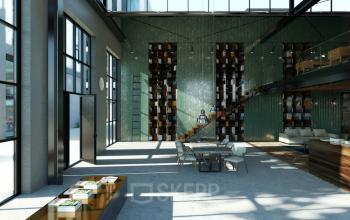 Spacious, modern office space rental at Papaverhof 58, Amsterdam North, featuring large windows, a stylish staircase, and contemporary furnishings. Ideal for businesses seeking an office to rent with creative flair.