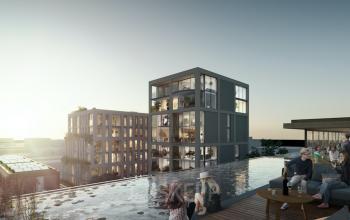 Exterior view of modern office buildings at Papaverhof 58 in Amsterdam North, with people relaxing by a reflecting pool. Perfect for those seeking an office to rent with scenic surroundings.