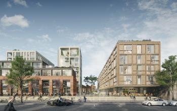 Modern exterior of office buildings at Papaverhof 58, Amsterdam North, available for office space rental with people walking outside.