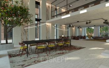 Spacious office for rent in Amsterdam North at Papaverhof 58, featuring modern furnishings, a large table with chairs, and tall windows providing ample natural light.