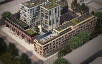 Aerial view of modern office buildings at Papaverhof 58, Amsterdam North, showcasing potential office space rental opportunities.