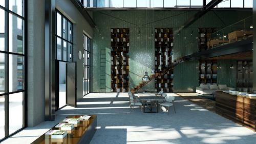 Spacious, modern office space rental at Papaverhof 58, Amsterdam North, featuring large windows, a stylish staircase, and contemporary furnishings. Ideal for businesses seeking an office to rent with creative flair.