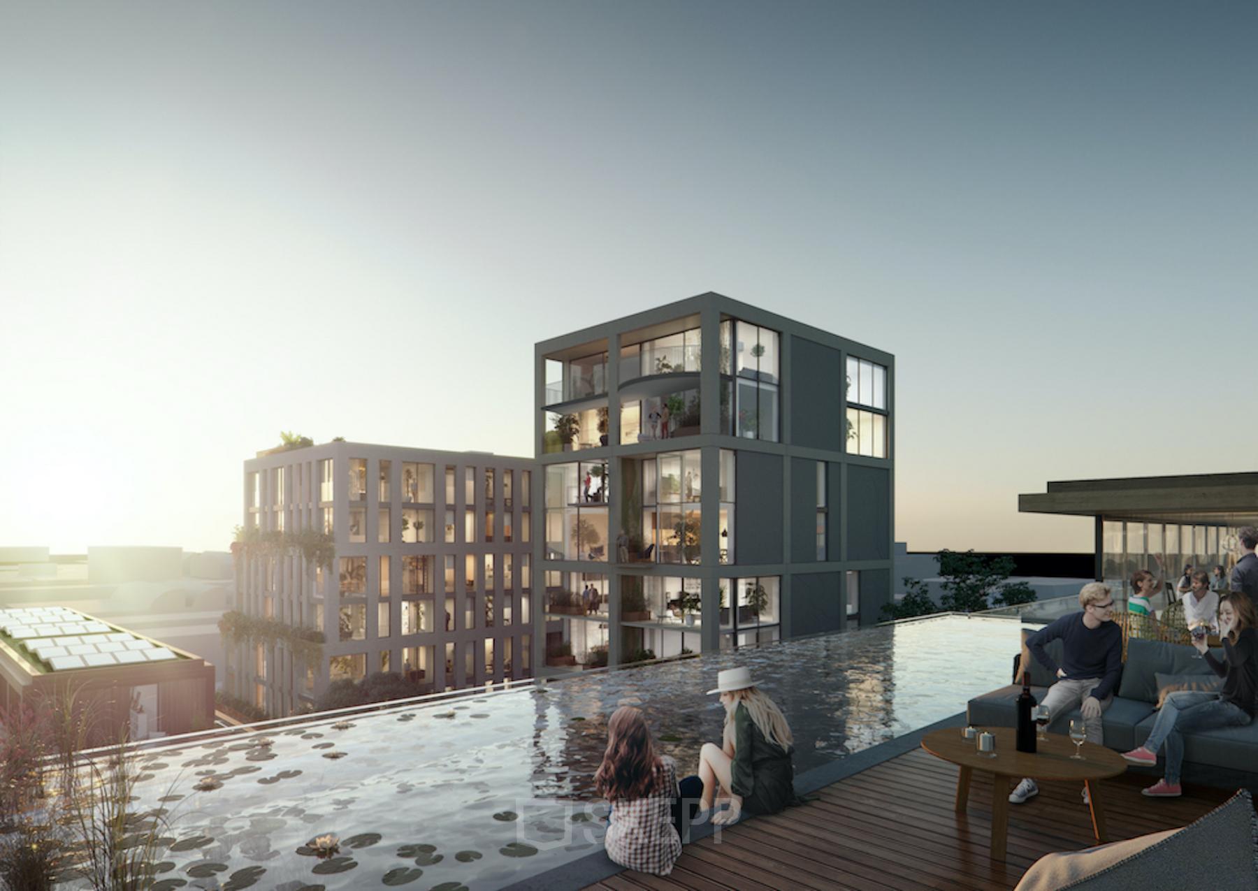 Exterior view of modern office buildings at Papaverhof 58 in Amsterdam North, with people relaxing by a reflecting pool. Perfect for those seeking an office to rent with scenic surroundings.
