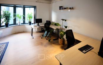 Bright office space at Hamerstraat 24 in Amsterdam North featuring wooden floors, several workstations, and greenery, ideal for office space rental.
