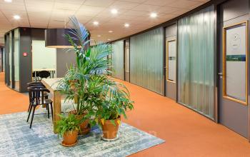 Modern office space rental at Asterweg 19, Servicepunt Kaap Noord, featuring a rug-covered floor, potted plants, and glass doors.