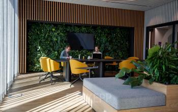 Modern Amsterdam office space featuring a meeting area with comfortable seating, large windows, and a lush green wall. Two professionals engaged in work add to the business ambiance.