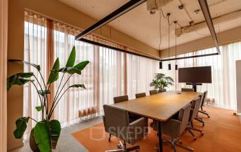 Modern conference room in Amsterdam East's Science Park 301, featuring a large wooden table, chairs, and plants. Ideal for office space rental.