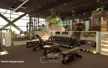 Tenant-only gym space located at Jacob Bontiusplaats 9, Amsterdam East, featuring modern fitness equipment, weights, and benches.