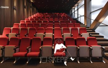 Modern conference room with red theater-style seating at Jacob Bontiusplaats 9 in Amsterdam East, ideal for office space rental.