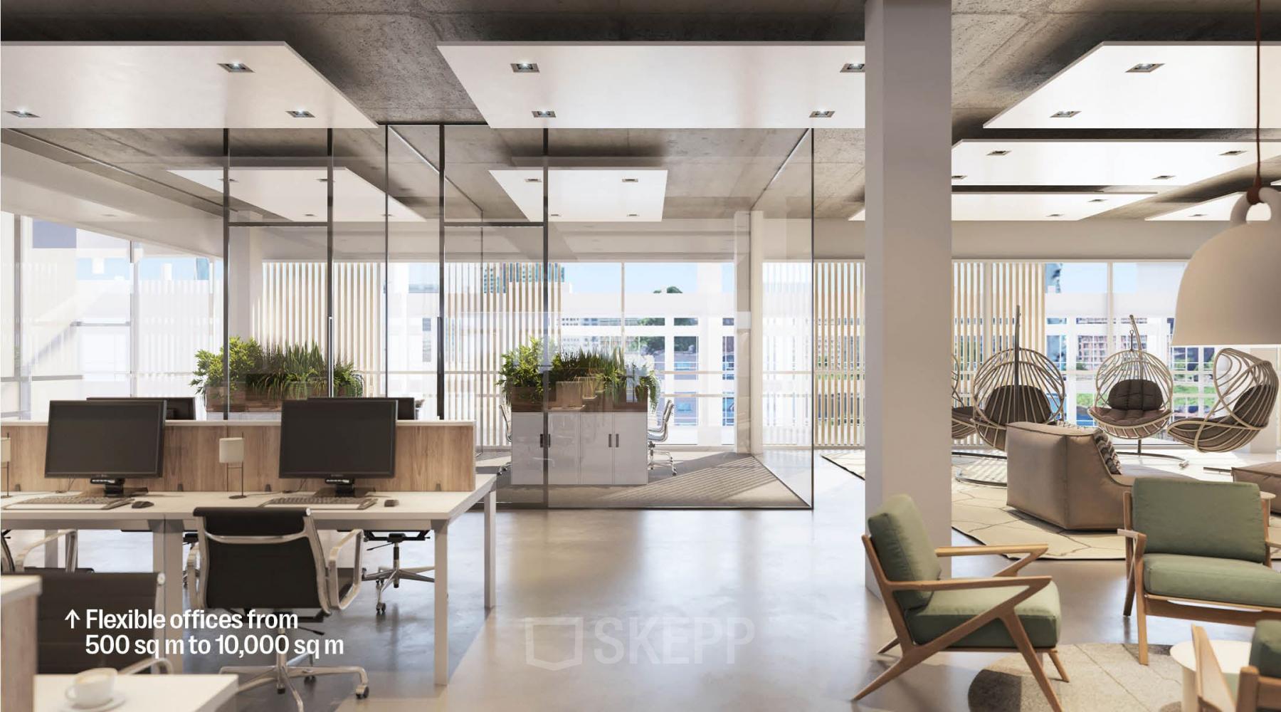 Modern open-floor office space for rent at Jacob Bontiusplaats 9, Amsterdam East, featuring large windows, desks, indoor plants, and lounge area.