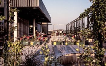 Diverse professionals gather on a vibrant terrace office space rental at Johan Huizingalaan 761-763 a, Amsterdam Riekerpolder.