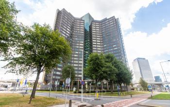 Exterior view of a modern office building at Radarweg 29, Amsterdam Sloterdijk, showcasing office space rental opportunities.