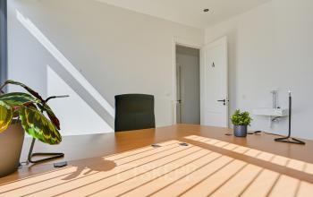 Bright workspace at Tijnmuiden 59, Amsterdam Sloterdijk, featuring a desk, chair, and potted plants. Ideal for office space rental with natural light streaming in through the windows.