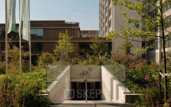 Exterior view of Nachtwachtlaan 20, Amsterdam West, showcasing an office building entrance surrounded by greenery, ideal for those seeking office space rental in a serene environment.
