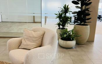 Modern office space in Amsterdam South East featuring cozy seating, plants, and glass-walled rooms, perfect for office space rental.