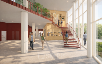 Spacious office interior at Luttenbergweg 8, Amsterdam South East, featuring a modern staircase and floor-to-ceiling windows. People are interacting and utilizing the open workspaces, perfect for office space rental.