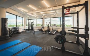 A well-equipped fitness room with exercise machines, weights, and blue mats at Luttenbergweg 8. Ideal for tenants looking to complement their office space rental with workout facilities in Amsterdam South East.