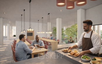 Office space in Amsterdam South East at Luttenbergweg 8 featuring a dining area where people engage in conversation and a chef preparing meals, available for office space rental.
