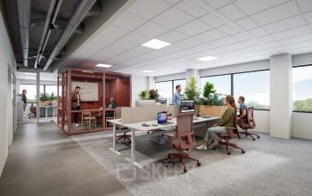 Modern office space rental at Luttenbergweg 8 in Amsterdam South East featuring seated individuals working at desks and collaborating in a glass-walled conference area.