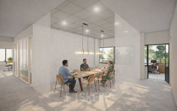 Modern office space at Luttenbergweg 8, Amsterdam South East with four people collaborating around a conference table, available for rent.