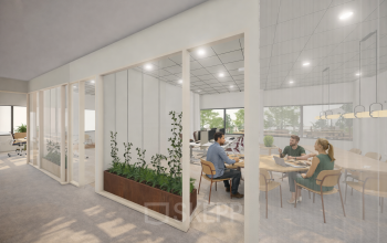 Office space at Luttenbergweg 8, Amsterdam South East features a bright, furnished interior with people in a meeting, ideal for office space rental.