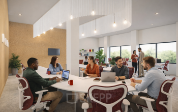 Modern office space rental at Luttenbergweg 8, Amsterdam South East, featuring a collaborative workspace with people engaged in discussions around a table, surrounded by natural light from large windows.