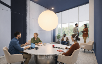 Professionals engaged in discussion and collaboration at a modern office's round table in Amsterdam South East, suitable for office space rental.