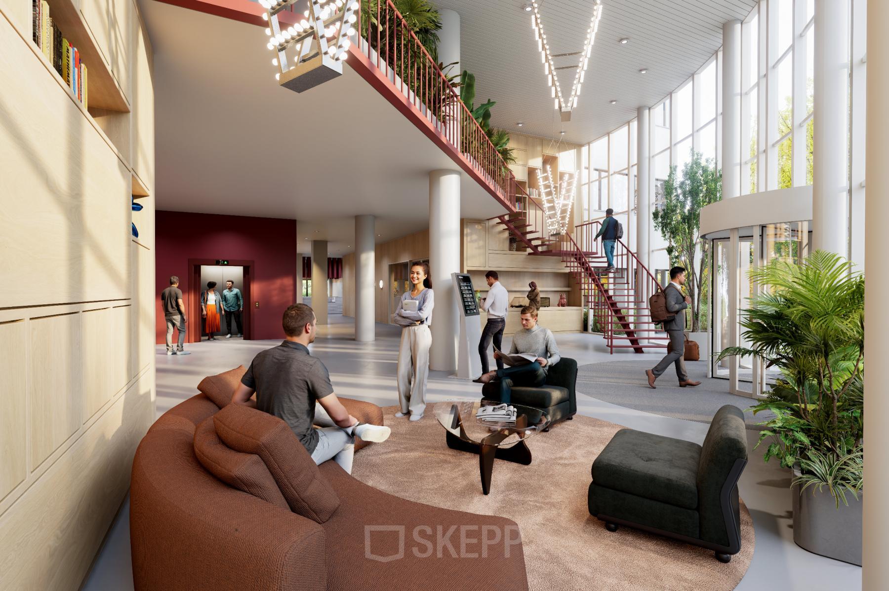 Interior view at Luttenbergweg 8, Amsterdam South East, showcasing a modern, furnished office space rental with people engaging in business activities like meetings and discussions.