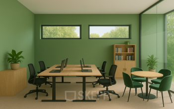 Furnished office interior at Johan Cruijff Boulevard 89, Amsterdam South East, featuring workspaces with desks, chairs, and a small meeting table. Ideal for office space rental.