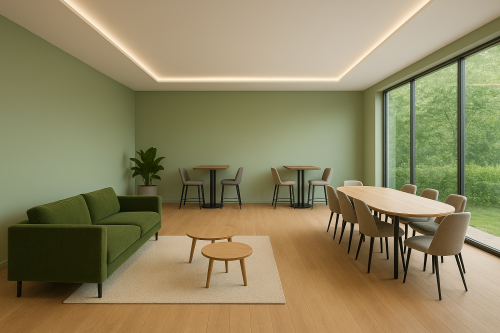 Spacious office interior at Johan Cruijff Boulevard 89, Amsterdam South East, featuring modern furniture including a green sofa and tables, ideal for office space rental.