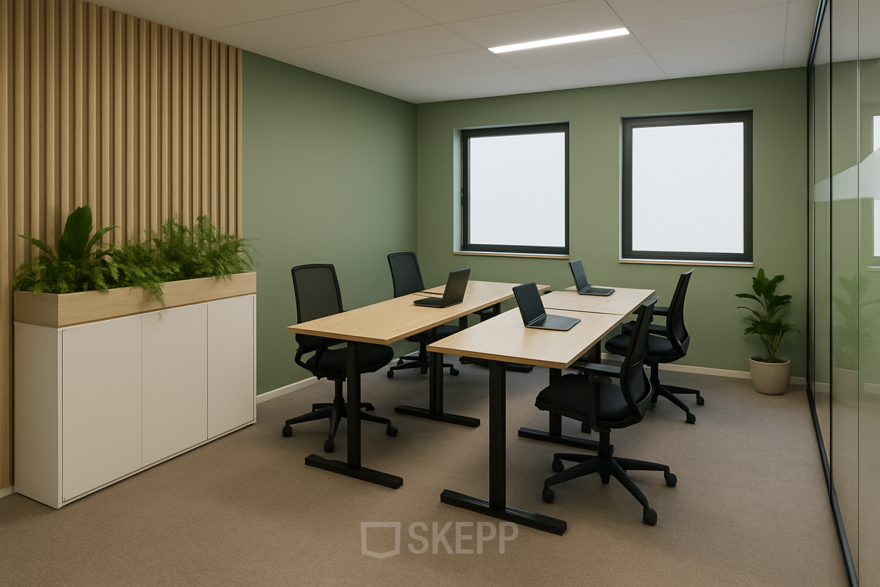 Bright furnished office space at Johan Cruijff Boulevard 89, Amsterdam South East available for rent, featuring desks with laptops, chairs, and indoor plants.