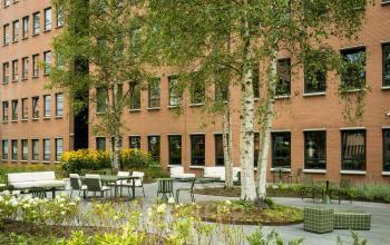 Outdoor seating area at office to rent on Hullenbergweg 109-135, Amsterdam South East, featuring trees and modern patio furniture.