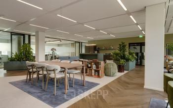 Spacious furnished office at Herikerbergweg 290, Amsterdam South East, features plants and modern furniture, ideal for office space rental.