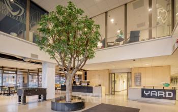 Open and inviting office reception area at Karspeldreef 8, Amsterdam South East, featuring a central indoor tree, modern seating, and a welcoming front desk, ideal for office space rental.
