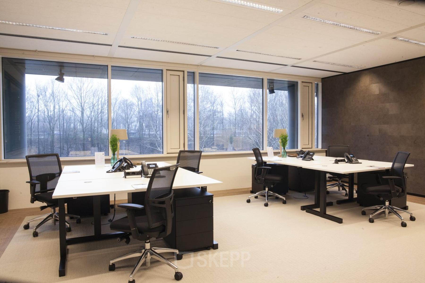 Spacious office to rent at De Entree 99-197, Amsterdam South East, featuring modern desks, ergonomic chairs, and large windows with a view.