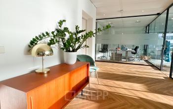 Modern office space rental at De Entree 230, Amsterdam South East, with warm wooden flooring, contemporary furnishings and ample natural light.