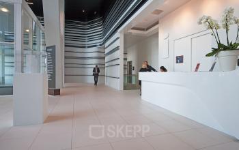 Elegant office space rental with a professional reception area and orchids at Parnassusweg 819, Amsterdam Zuidas.