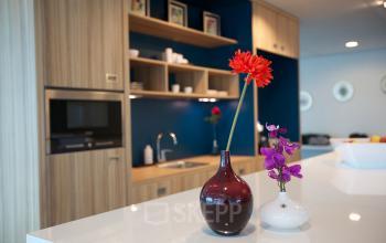 Modern office space rental in Amsterdam Zuidas at Parnassusweg 819 featuring a stylish pantry with vibrant floral accents.