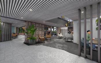 Modern office space at Jachthavenweg 109-A, Amsterdam Zuidas with sleek design, green walls, and comfortable seating areas for collaborative work.