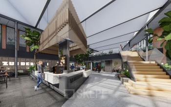 Modern office interior at Jachthavenweg 109-A, Amsterdam Zuidas with a spacious lounge area, wooden staircase, and greenery. People are engaging in business conversations near a stylish coffee bar. Office space rental available.