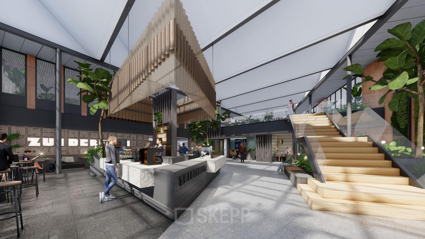Modern office interior at Jachthavenweg 109-A, Amsterdam Zuidas with a spacious lounge area, wooden staircase, and greenery. People are engaging in business conversations near a stylish coffee bar. Office space rental available.