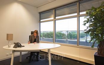 Professional working at a well-lit office space rental at Strawinskylaan 3051, Amsterdam Zuidas, with modern furniture and a view.