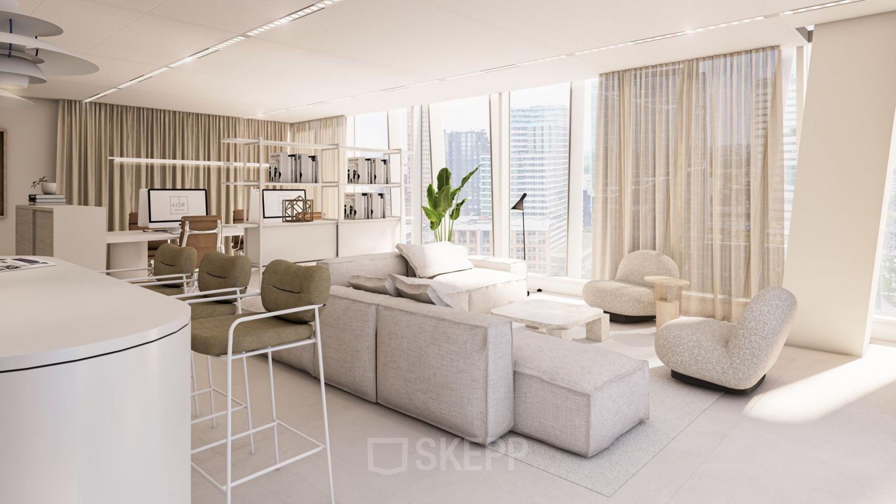 A modern, well-lit lounge area at Strawinskylaan 257, Amsterdam Zuidas, featuring stylish furnishings including plush seating and a sleek workstation. Ideal for those in search of office space rental.