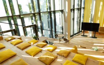 Bright and modern office space at Fred. Roeskestraat 115, Amsterdam Zuidas, with large windows, wooden seating steps, and yellow cushions. Ideal for dynamic work environments seeking office space rental.