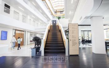 Modern office space at Fred. Roeskestraat 115, Amsterdam Zuidas with an open floor plan, sleek stairway, and natural light, perfect for office space rental. Features employees walking and a unique sculpture.
