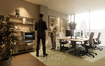 Spacious office to rent in Amsterdam Zuidas, featuring a modern design with desks, computers, and two individuals discussing business. Ideal for office space rental opportunities.