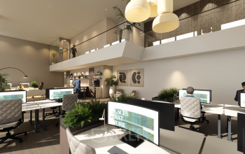 Modern office space at Claude Debussylaan 80-134, Amsterdam Zuidas, featuring a two-story layout with workstations, people engaging in business activities, and indoor greenery for an inviting office space rental.
