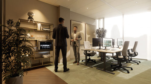 Spacious office to rent in Amsterdam Zuidas, featuring a modern design with desks, computers, and two individuals discussing business. Ideal for office space rental opportunities.