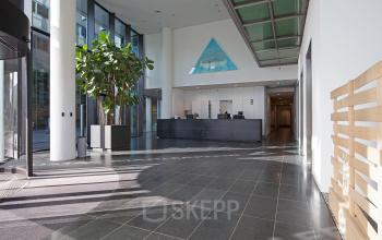Spacious modern reception area at Gustav Mahlerplein 2, Amsterdam Zuidas, with a large plant, sleek flooring, and a minimalist reception desk.