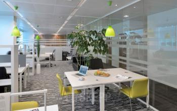 Bright office space on Lange Lozanastraat 142, Antwerp Center with modern furniture, green accents, and ample natural light. Available for rent office space.